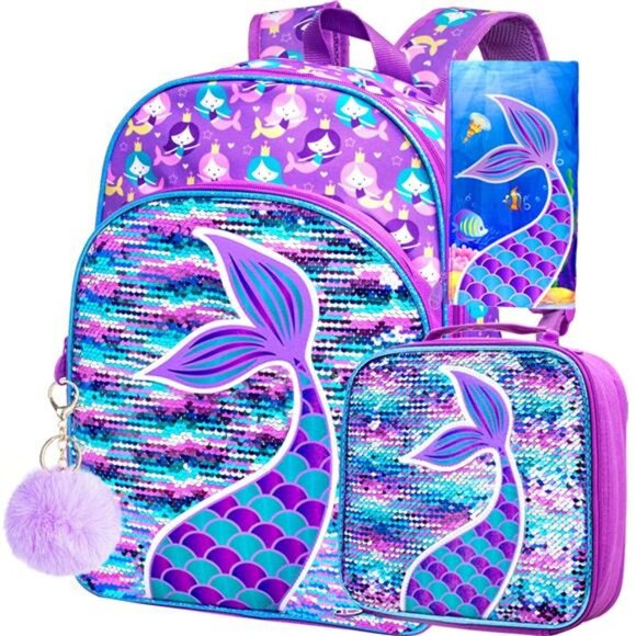 3PCS Kids Backpacks for Girls, 16" Little Kid Mermaid Sequin Preschool - Picture 1 of 10